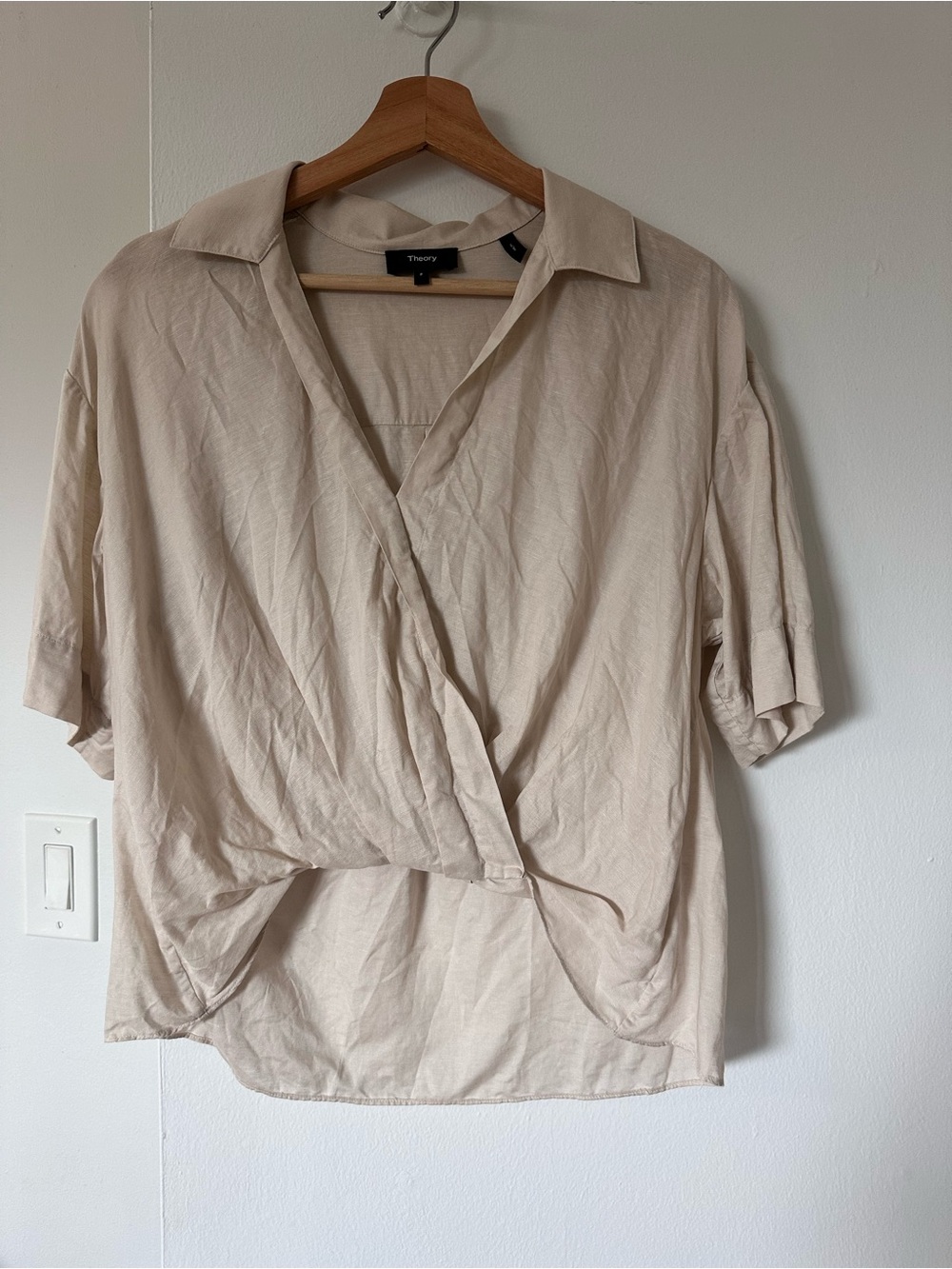 Theory Beige Short-Sleeve Wrap-Front Button Down Shirt
